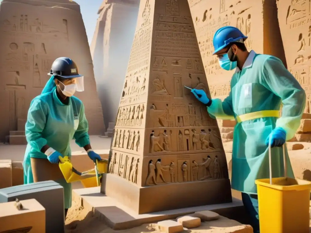 Restauración minuciosa de obelisco egipcio: arqueólogos en acción Arqueólogos restaurando obelisco egipcio, revelando significado obeliscos Egipto Nubia