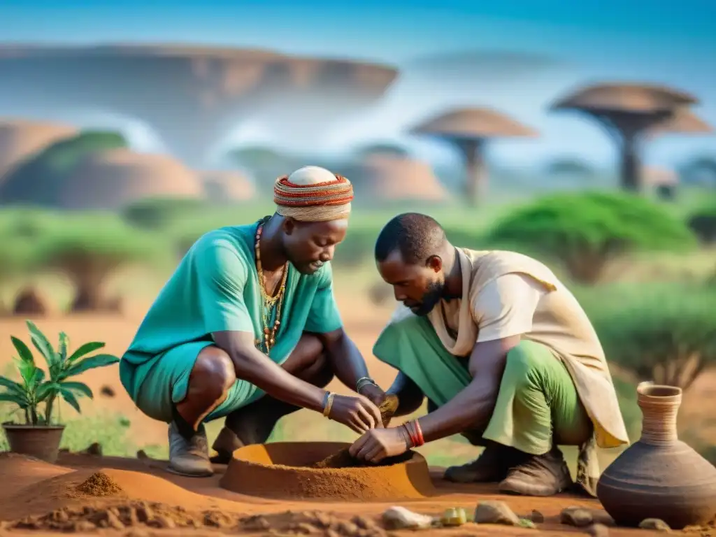 Arqueólogos preservando el Patrimonio Africano en un sitio histórico, rodeados de naturaleza exuberante