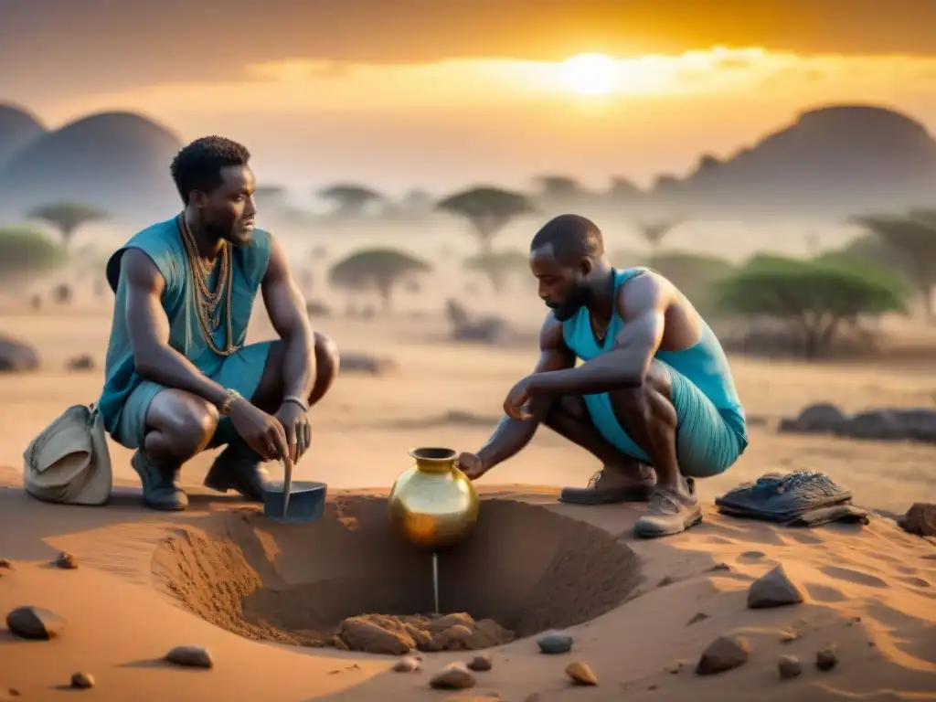 Arqueólogos conservando el patrimonio en África al atardecer, reflejando dedicación y cuidado en la excavación