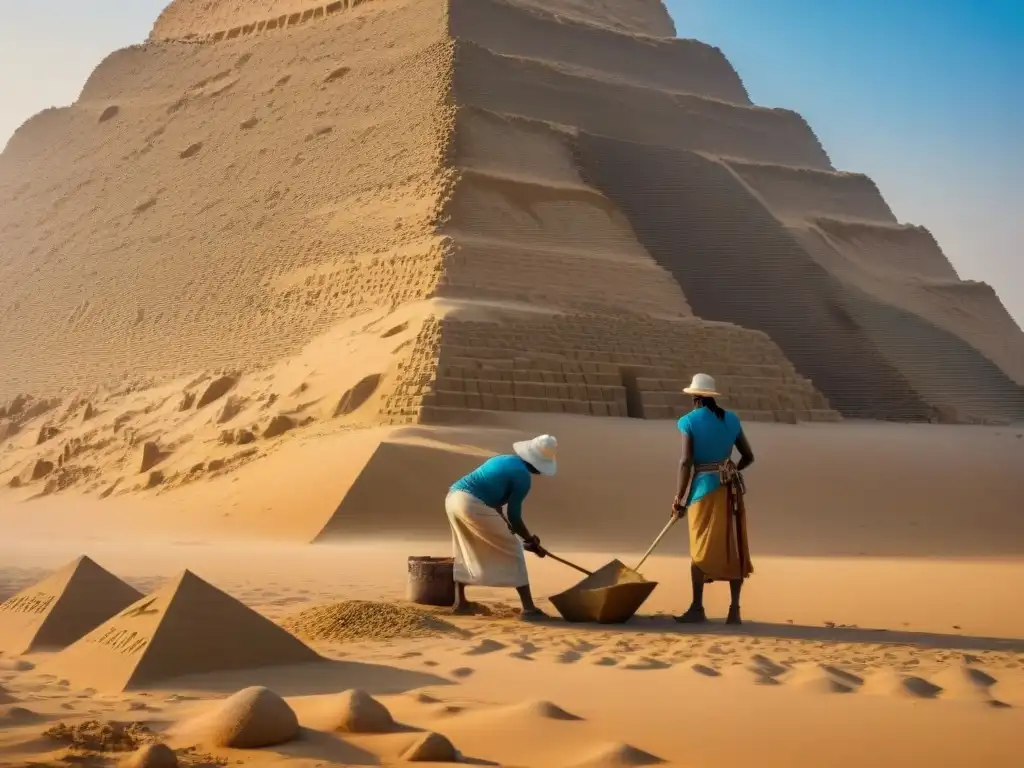 Arqueólogos excavando las Pirámides perdidas de Nubia, entre la arena y un cielo azul