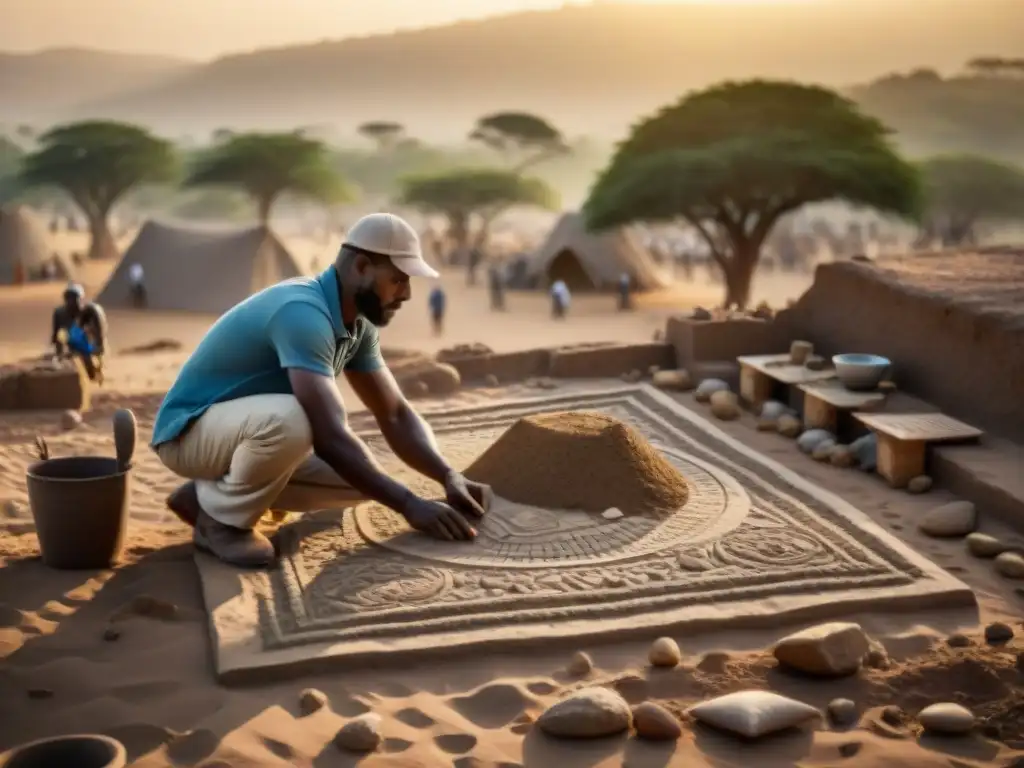 Arqueólogos excavando con precisión en un yacimiento en África, fusionando técnicas modernas con la historia de civilizaciones africanas