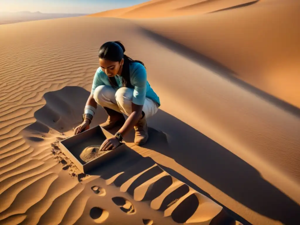 Arqueólogos descubriendo tesoros antiguos en el desierto, destacando la preservación y trabajo en equipo en la excavación