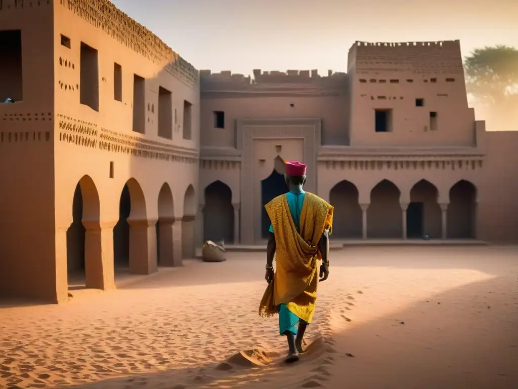 'Arquitectura de barro en Djenné: Detalle de la Gran Mezquita al amanecer, con locatarios y colores malienses