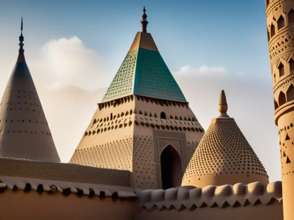 Arquitectura de barro y patrones geométricos islámicos en Timbuktu, Mali, destacando la influencia de Islam en la organización política del reino Mali