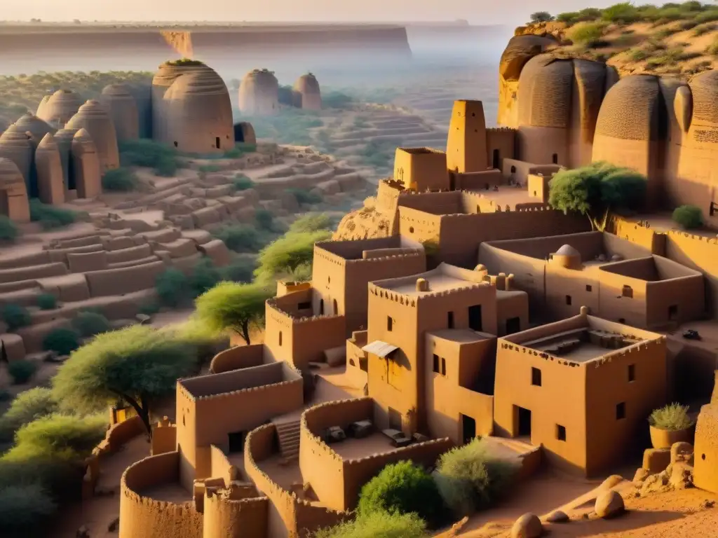 Arquitectura cosmogónica de los Dogones: Detalles de un pueblo en lo alto de Mali, bañado por la cálida luz del atardecer