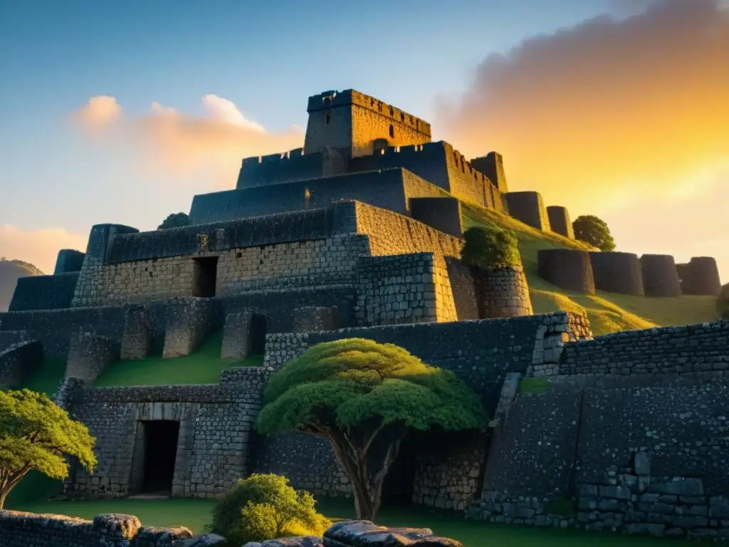 Arquitectura defensiva en África: Ruinas de Great Zimbabwe al atardecer, destacando su imponente estructura y detalles en piedra