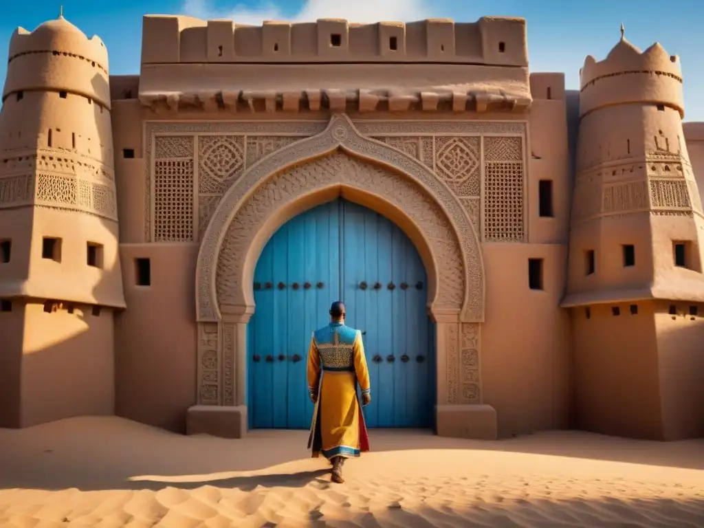 Arquitectura defensiva y palacios Sahel en un fuerte tradicional, con murallas de barro y puertas de madera tallada, en un paisaje desértico