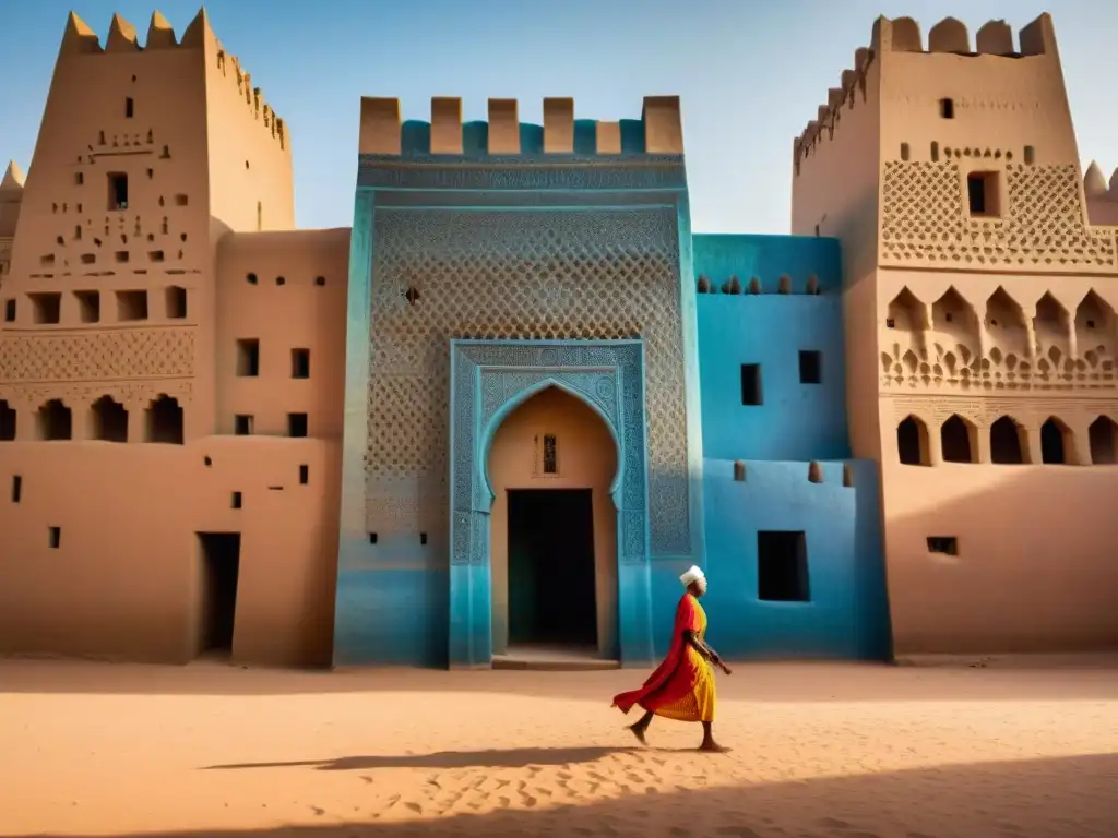 Arquitectura histórica de la Gran Mezquita de Djenné en Mali, destacando sus muros de adobe y minaretes