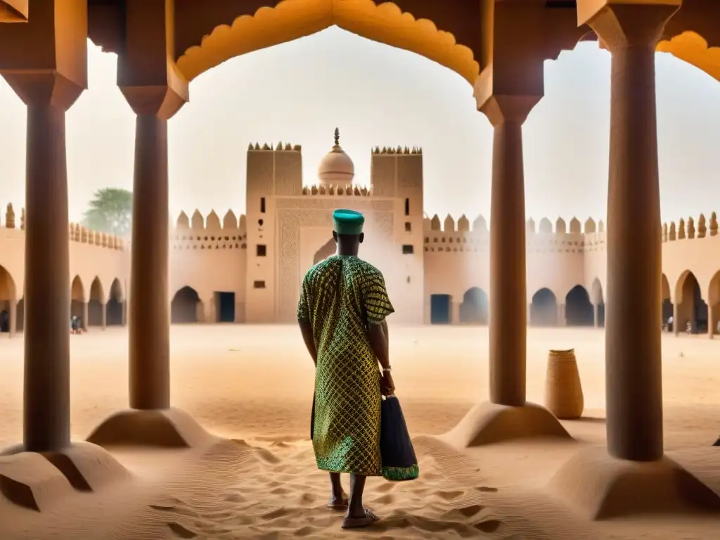 Arquitectura inspirada en África: Artesanos restaurando la Grande Mosquée de Djenné bajo el sol africano, fusionando tradición y grandiosidad