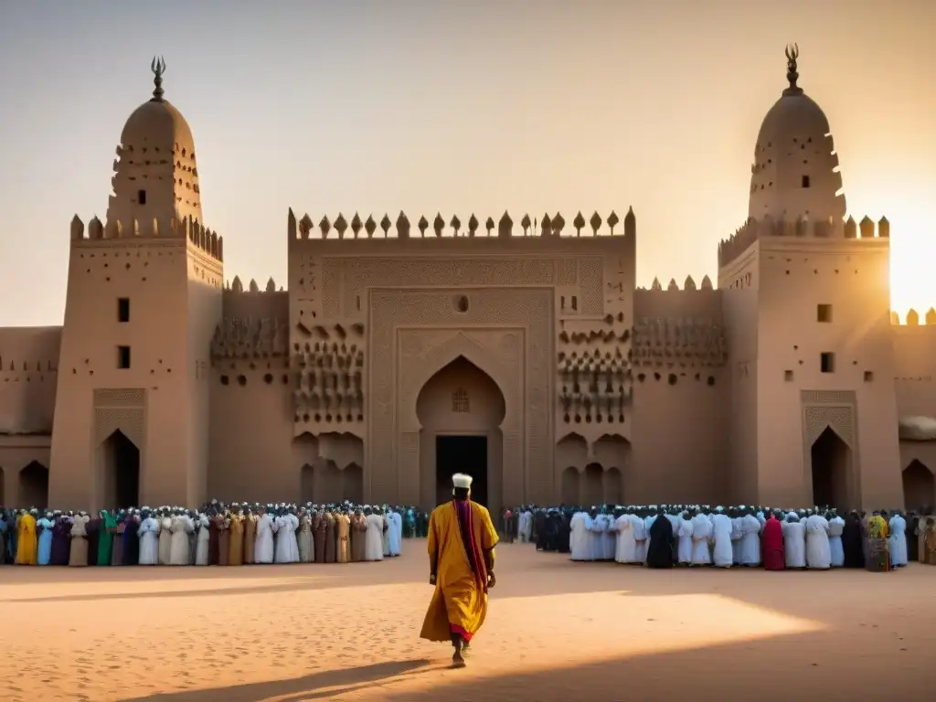 Arquitectura sagrada en civilizaciones africanas: la Gran Mezquita de Djenné con adobe intrincado y fieles en ceremonia religiosa al atardecer