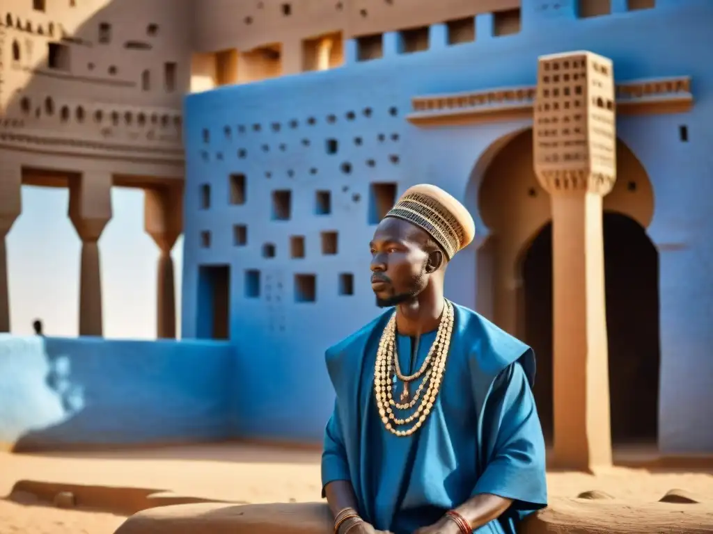 Arquitectura sagrada en África: Detalle de la Gran Mezquita de Djenné en Mali, con torres de madera y técnicas tradicionales de estuco de barro