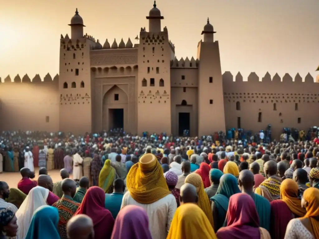 Arquitectura sagrada en África: Gran Mezquita de Djenné durante festival local, fusionando técnicas africanas e islámicas