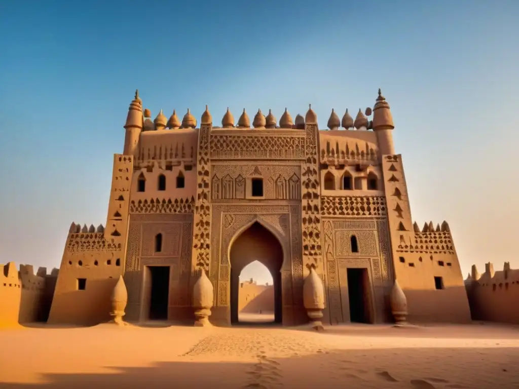 Arquitectura de tierra en Mali: Detalle de la Gran Mezquita de Djenné, con sus muros de adobe y minaretes