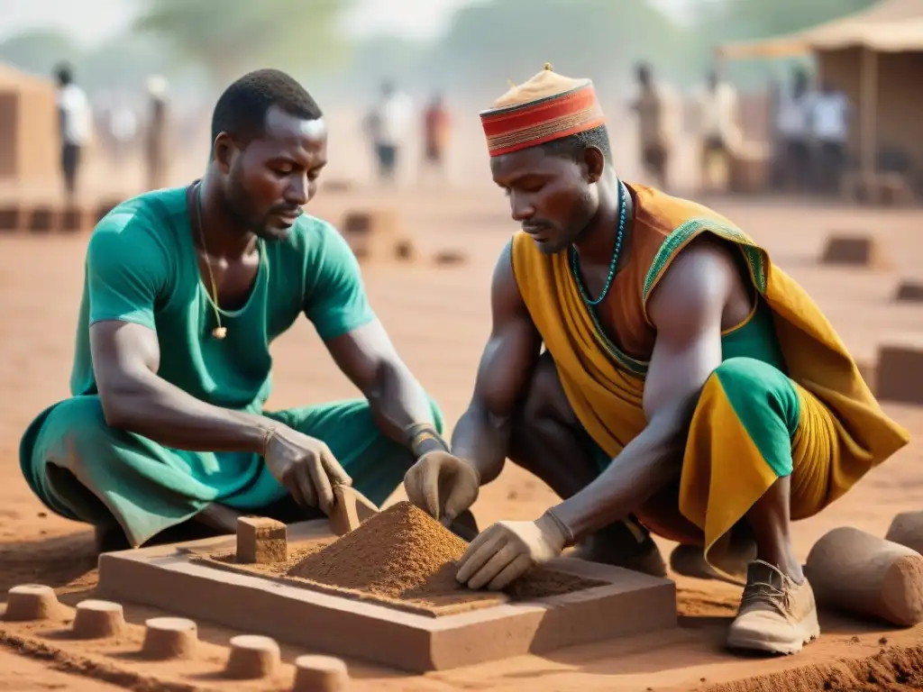 Arquitectura de tierra en Mali: Hábiles artesanos malienses construyendo ladrillos de barro bajo el sol abrasador