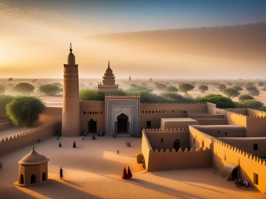 Arquitectura de tierra en Mali: La Gran Mezquita de Djenné al atardecer, con sus muros de adobe y minarete destacando bajo la luz dorada