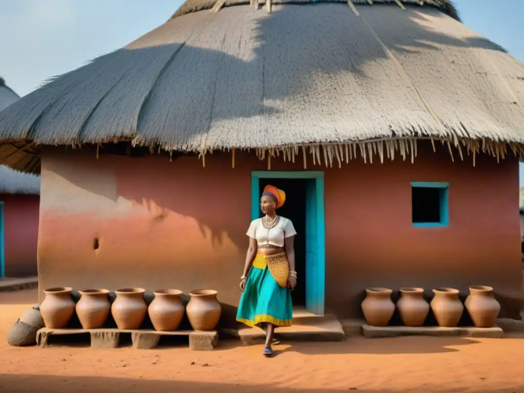 Arquitectura tradicional yoruba en Nigeria: casa de barro con mujeres llevando cántaros en la cabeza y niños jugando en un animado pueblo