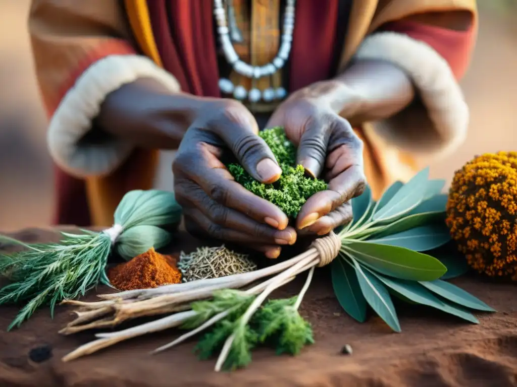 Las arrugadas manos de un sanador africano seleccionando hierbas y raíces, conectando la medicina tradicional africana espiritual material