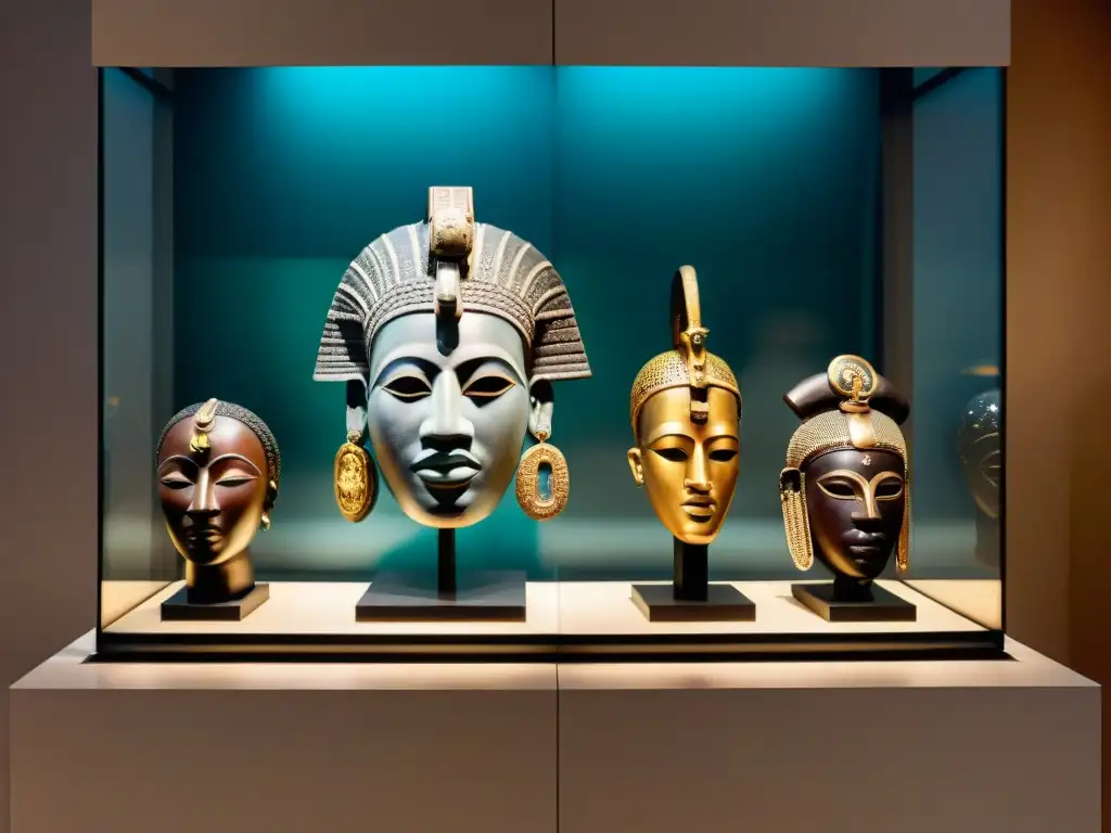 Arte africano robado diáspora: Colección de máscaras y esculturas ancestrales africanas en penumbra de museo europeo