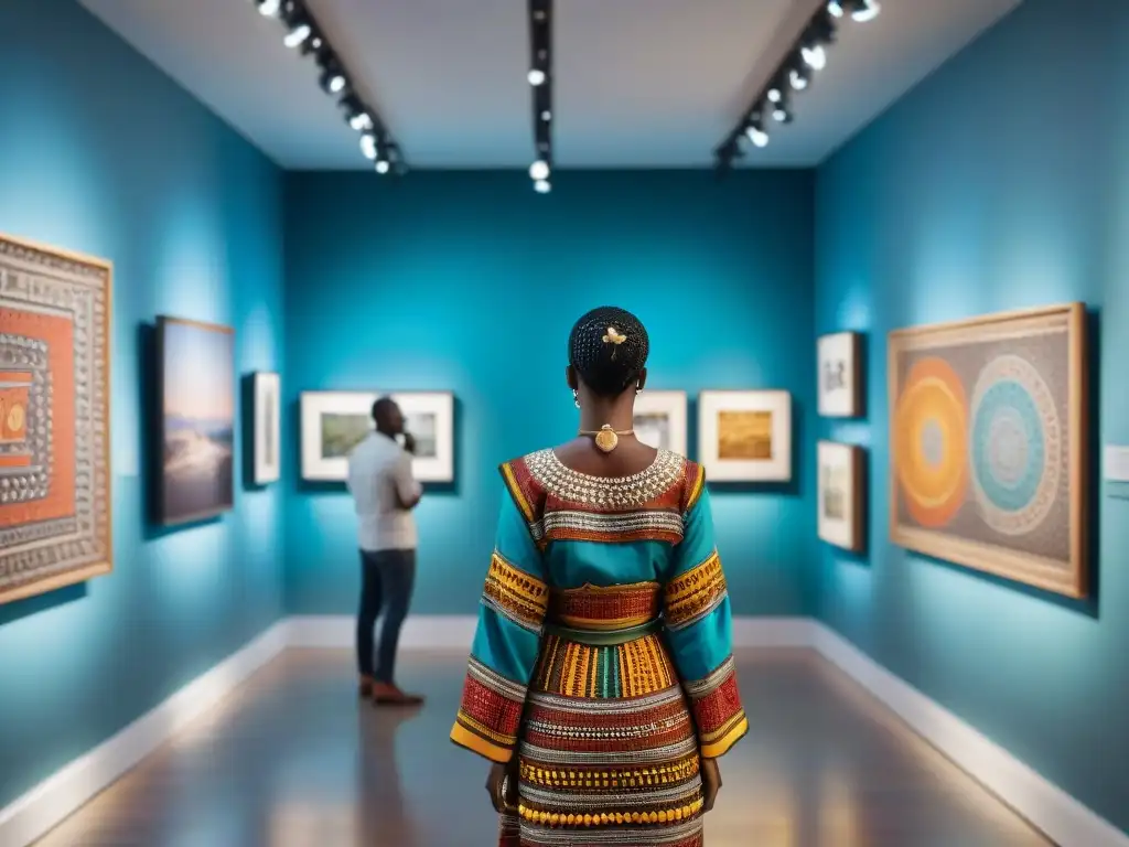 Exposición de arte africano contemporáneo: galería vibrante con obras y visitantes diversos