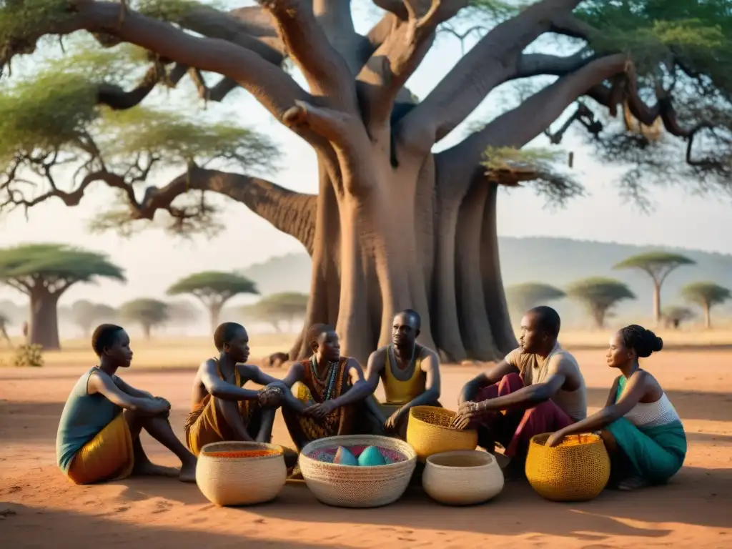 Arte de la cestería en África: Artesanos tejiendo bajo un baobab, envueltos en tradición y coloridas fibras naturales