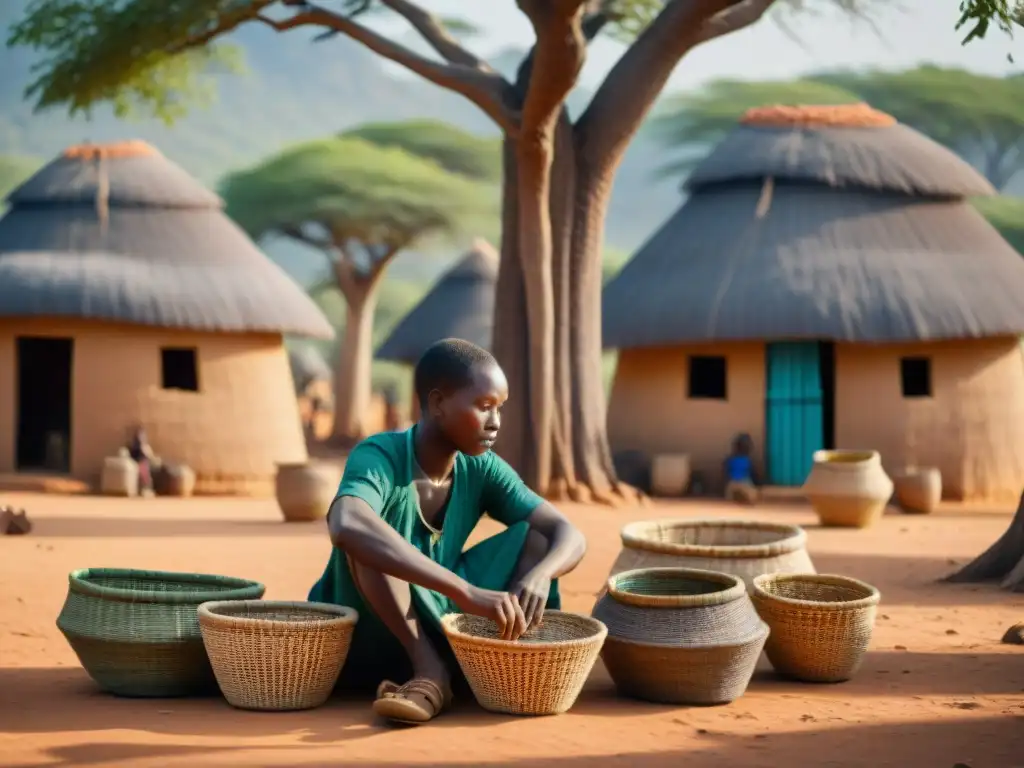 Arte de la cestería en África: Artistas africanos tejiendo cestas bajo un baobab, en un pueblo tradicional