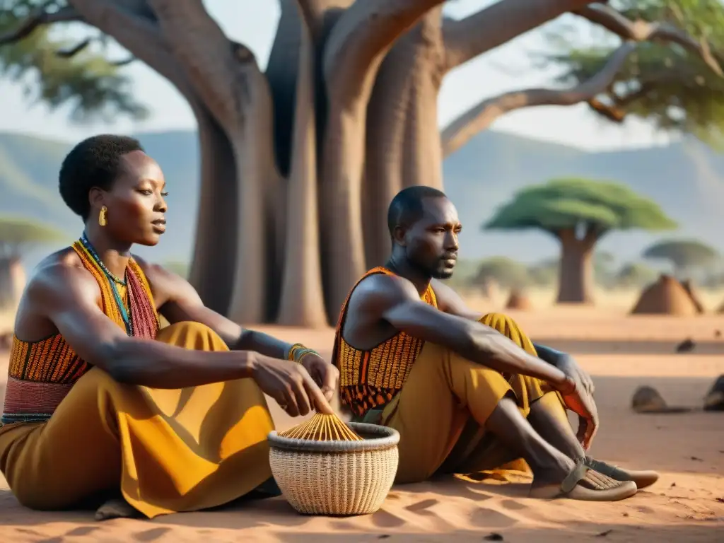 Arte de la cestería en África: Hábiles artesanos tejen cestas bajo un baobab, con luz cálida filtrándose entre las hojas