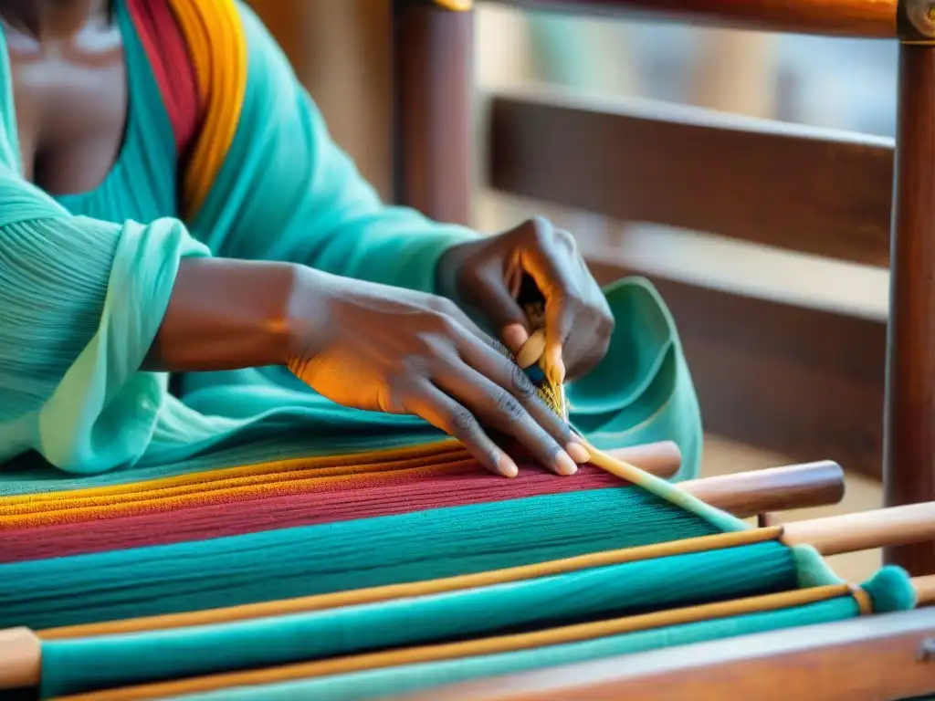 Arte en mercado: tejidos africanos de vibrantes colores y patrones, tejidos en telar de madera por un artesano