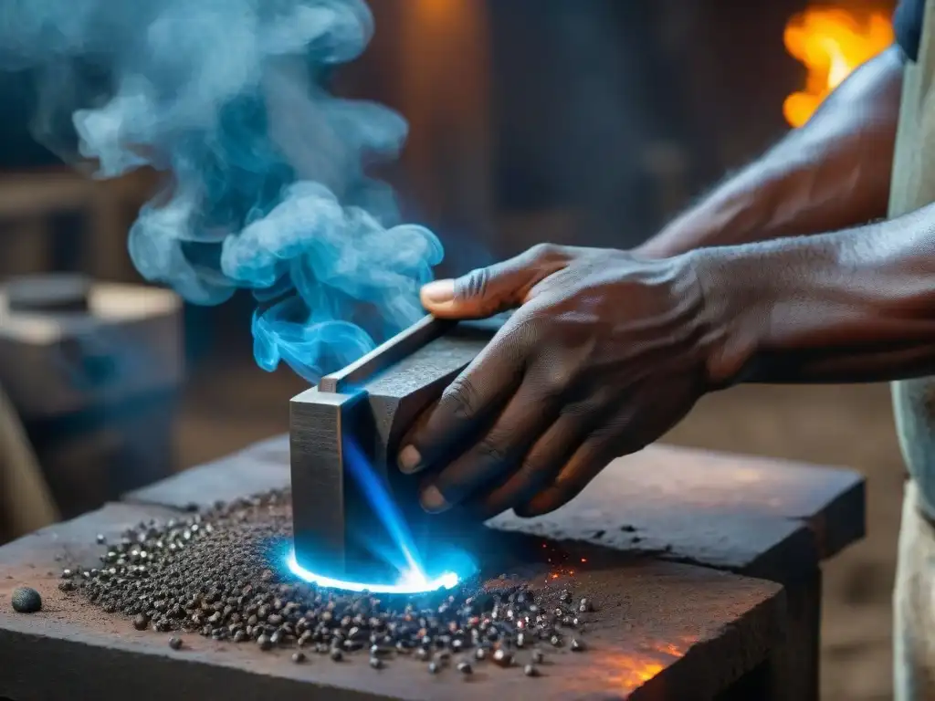 Un hábil herrero africano forja arte con metal candente, rodeado de herramientas tradicionales