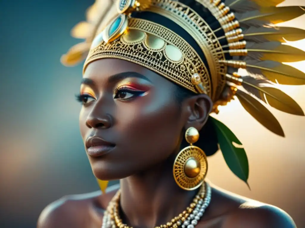Hechura dorada: Intrincado filigrana en tocado africano Arte en orfebrería de metales preciosos en África: detallado trabajo de filigrana dorada en tocado tradicional africano