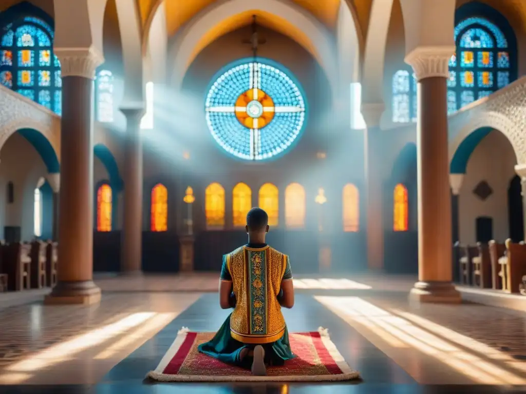 Arte religioso en civilizaciones africanas: escena de adoración en iglesia histórica, con vibrantes colores y detalles meticulosos