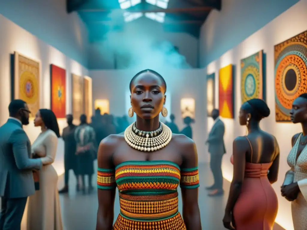 Exposición de arte religioso africano: reinterpretación moderna y vibrante en una galería iluminada