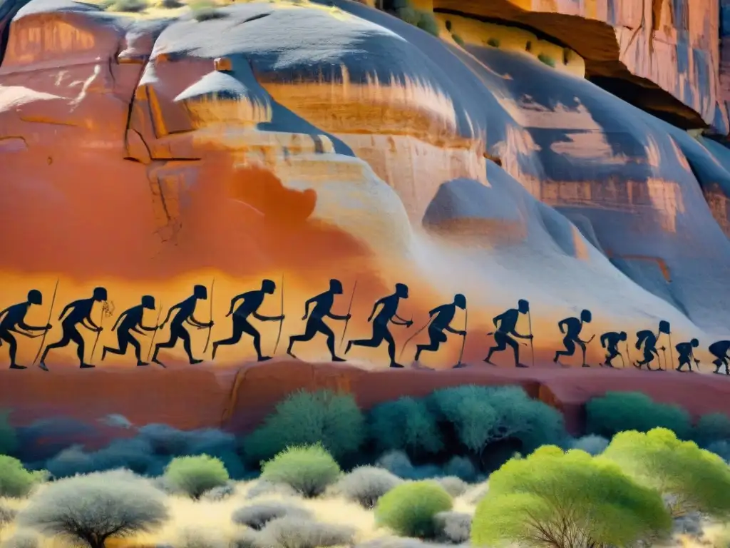 Arte rupestre San: conservación y espiritualidad Los San pintan arte rupestre en acantilado soleado, mostrando su conexión espiritual con la tierra en África