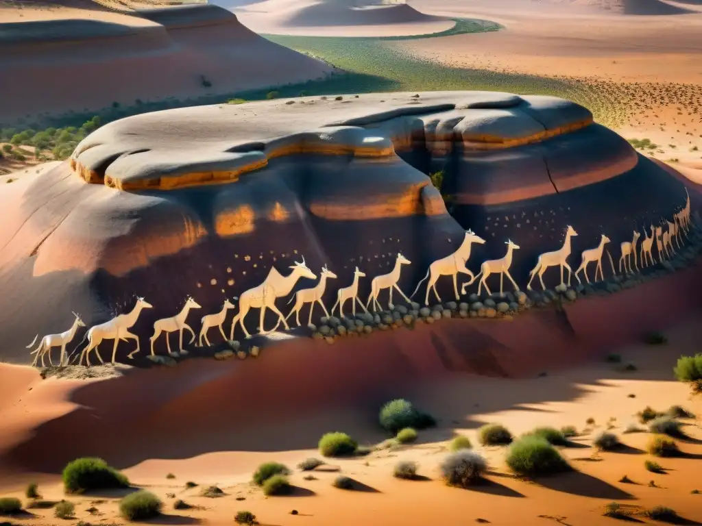 Arte rupestre de civilizaciones africanas en el Sahara: detallada imagen de paneles con patrones geométricos y animales estilizados