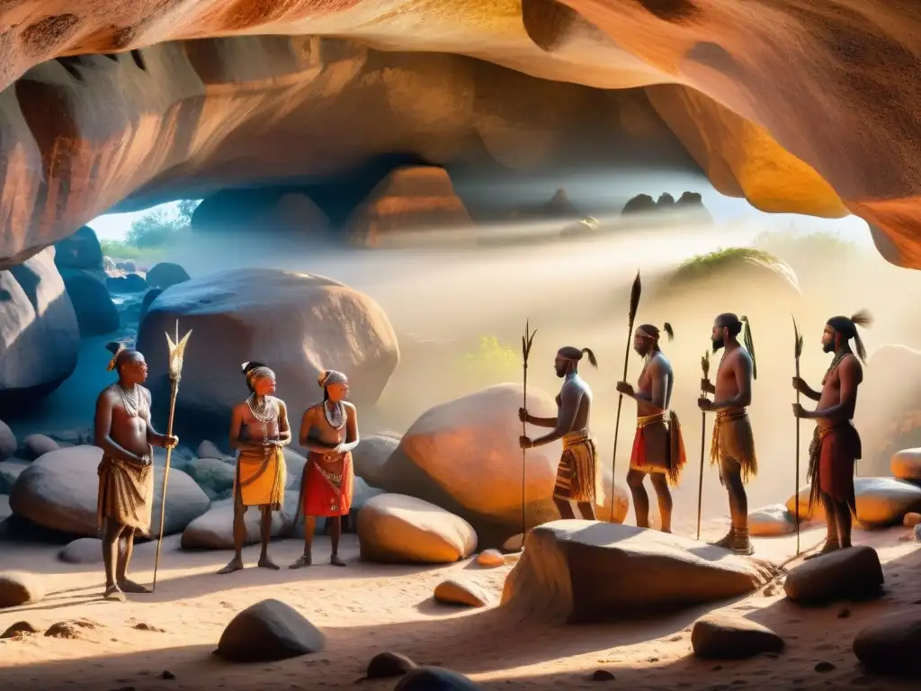 Arte rupestre San: Conexión espiritual en detalle 'Arte rupestre San sur África: San pintando detalladas representaciones espirituales en cueva iluminada