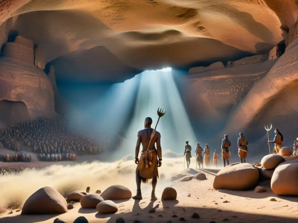 Arte rupestre San: cazadores y paisajes en cueva Arte rupestre San sur África: Intrincadas pinturas en una cueva, cazadores persiguiendo animales entre paisajes