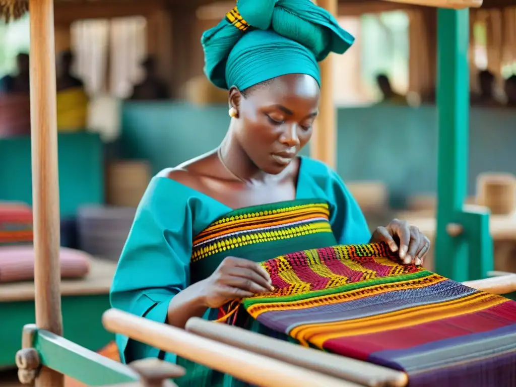 Arte textil civilizaciones africanas: Hábiles artesanos tejen Kente en telares de madera, rodeados de vibrante mercado