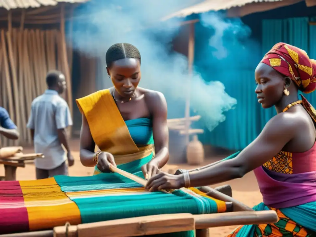 Arte textil civilizaciones africanas: Hábiles artesanos tejen patrones coloridos en telares de madera en un bullicioso mercado africano