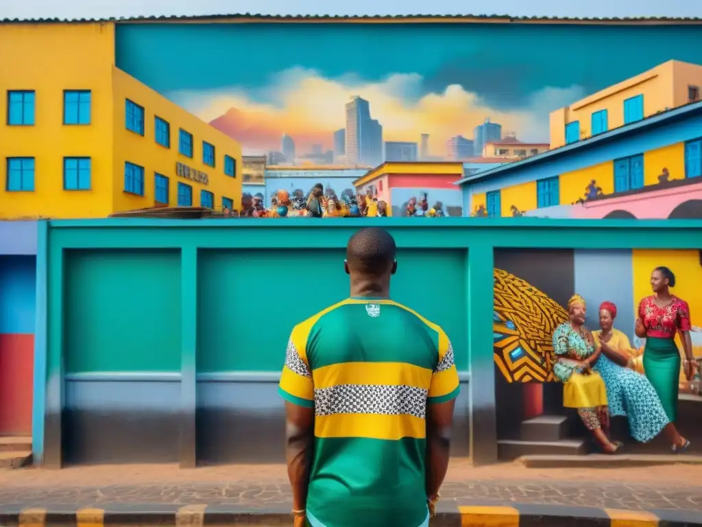 Arte urbano contemporáneo en África: Mural vibrante en una calle de Lagos con motivos tradicionales y graffiti moderno