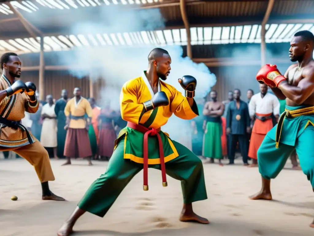 Práctica de artes marciales africanas tradicionales en un mercado vibrante