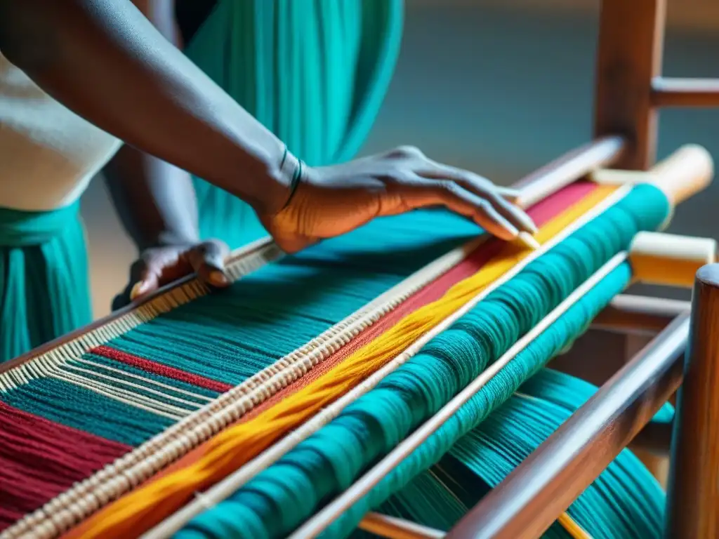 Una artesana africana tejiendo un textil tradicional en telar de madera, representaciones de la feminidad africana