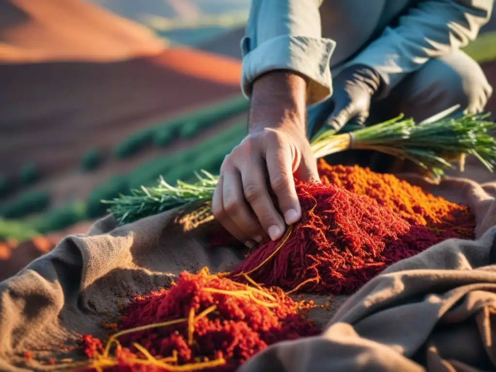 Recolecta artesanal de azafrán rojo en Taliouine, Marruecos, destacando la importancia del azafrán de la región en la economía global