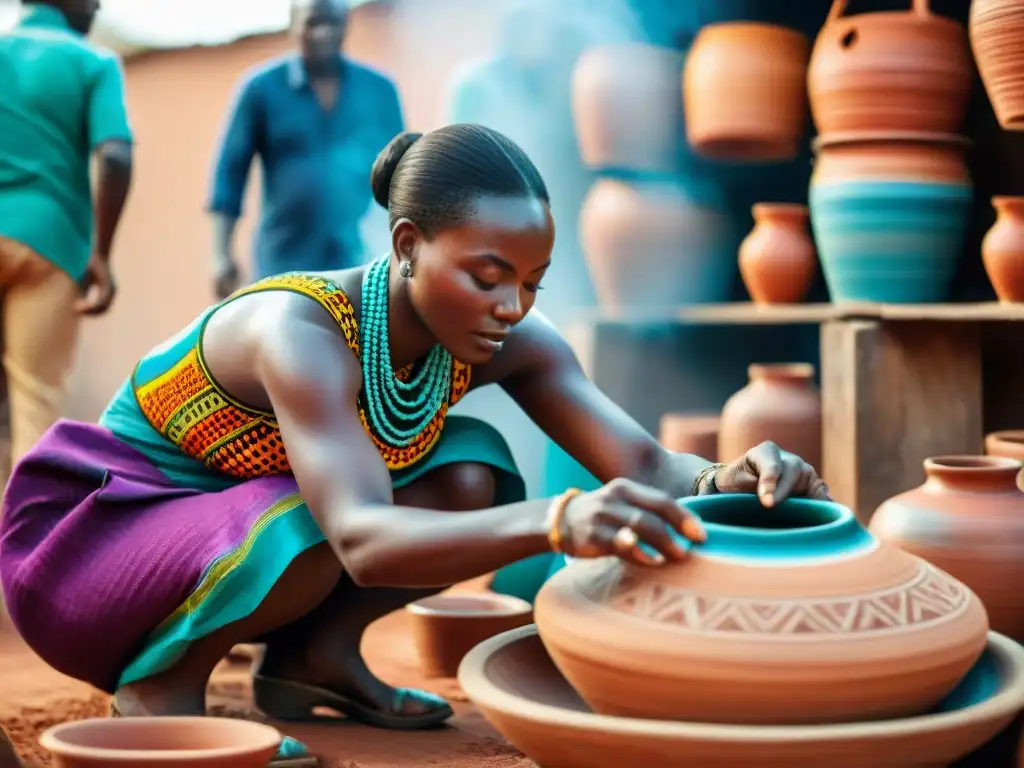 Artesanía africana: artesanos crean cerámica en mercado animado