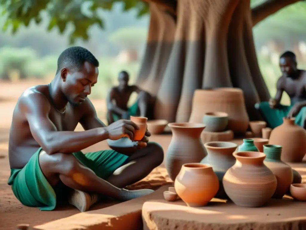 Artesanía africana: artesanos crean cerámica bajo baobab, reflejando tradición y maestría