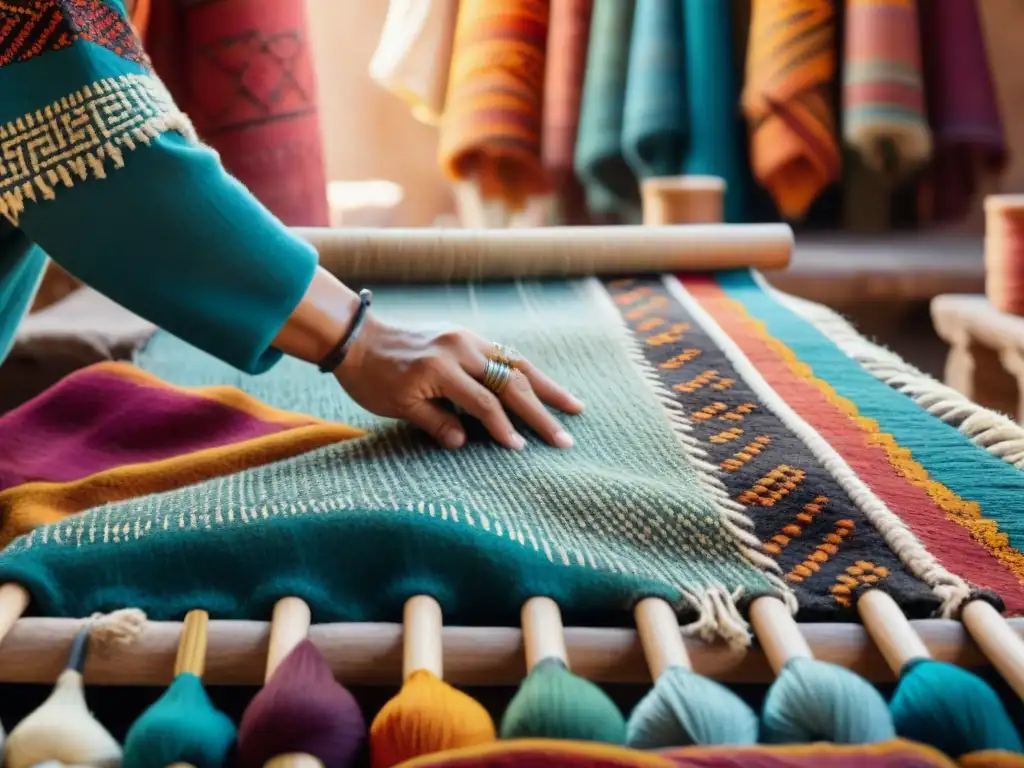 Artesanía Bereber en África: Artífices tejiendo una colorida alfombra tradicional en un bullicioso zoco marroquí