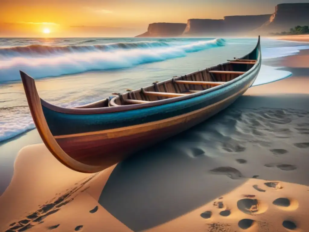 Artesanía de una canoa africana en una playa al atardecer, resaltando técnicas marítimas civilizaciones africanas