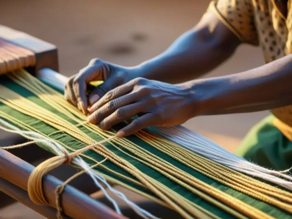 Artesanía Sahel: manos expertas tejiendo con hilos vibrantes al atardecer