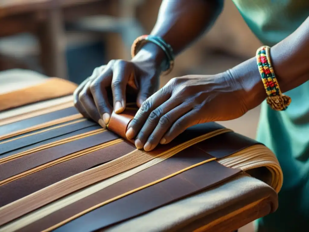 Artesanía Sahel: manos hábiles tejiendo piezas de cuero, técnicas únicas y materiales vibrantes