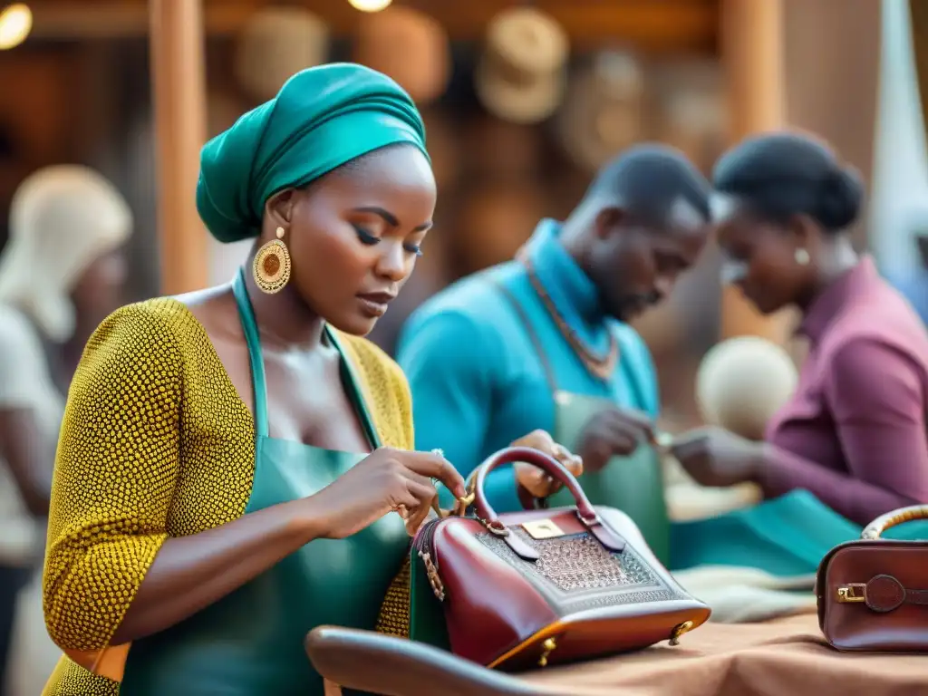 Artesano africano creando bolso de lujo en cuero con técnicas tradicionales y materiales locales