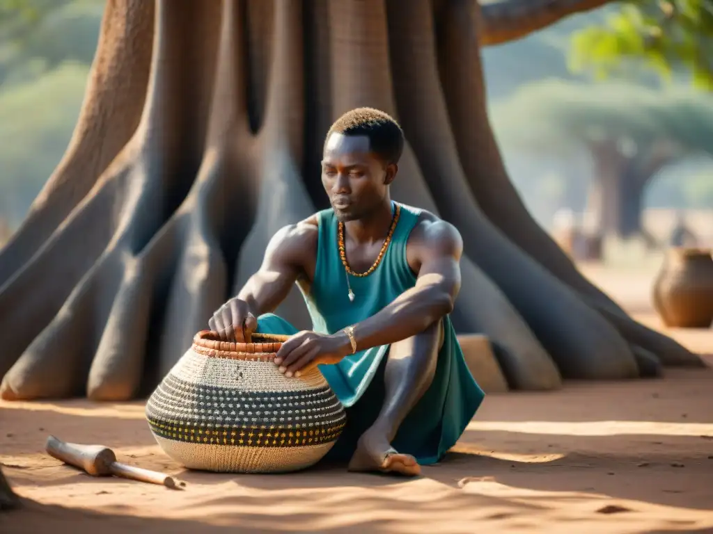 Un artesano africano tejiendo una cesta bajo un baobab, mostrando el arte de la cestería en África