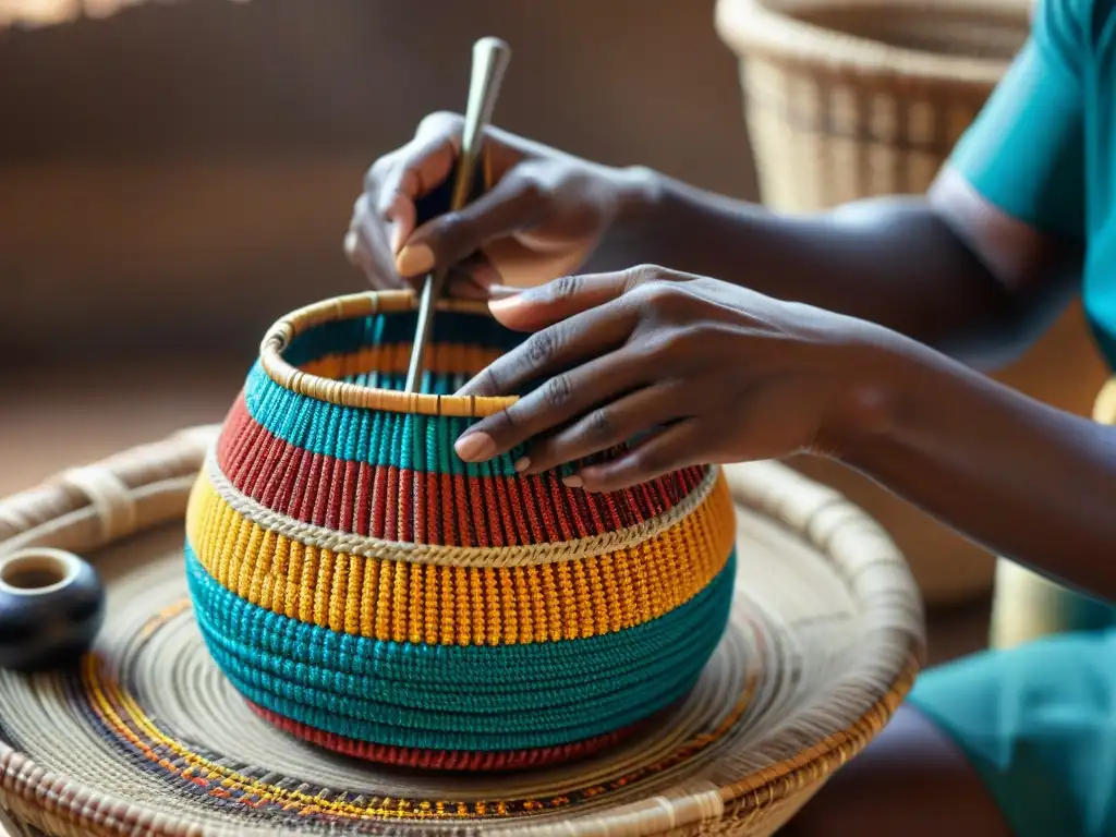 Un artesano africano creando una cesta moderna con materiales vibrantes